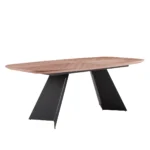 79-inch double pedestal dining table with walnut brown wood top and black steel base in a modern dining room setting