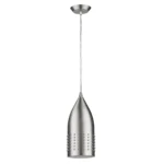 Pendant lamp illuminated against a dark wall, casting a soft glow and highlighting the studded glass accents.