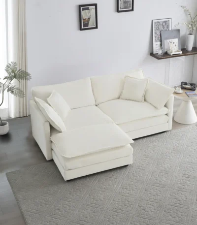 Goldoma two-seater chenille sectional sofa with ottoman in white fabric
