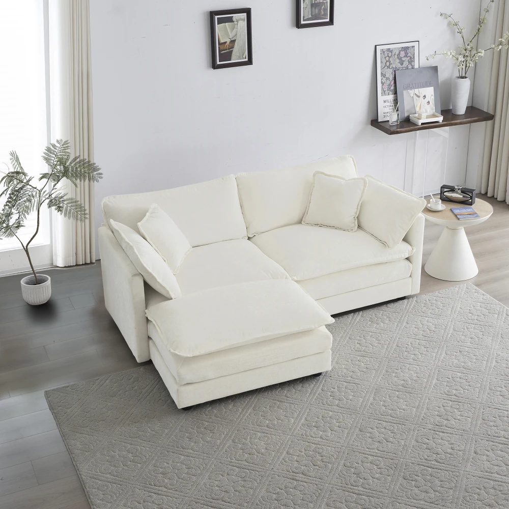 H0519afe8b8844671ba7d8effa402a0d7U.webp Goldoma two-seater chenille sectional sofa with ottoman in white fabric