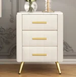 Modern 2-drawer nightstand with wood top beside bed in bedroom
