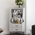 Wooden Corner bar Cabinet with 2 Open Storage Shelves and 2 Drawers Mirrored Back Sideboard Cabinet High Feet Legs