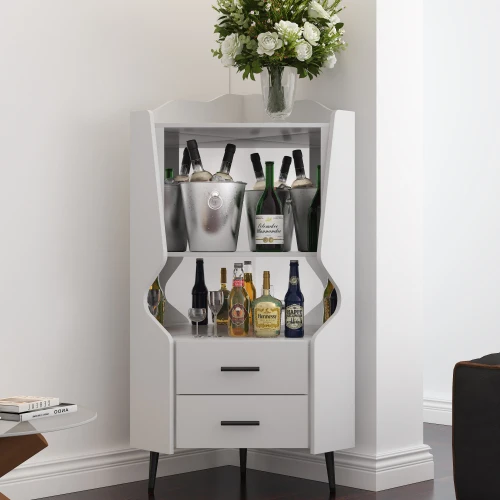 H055429a2fd9f4d24a28432f2cb46d013w.webp Wooden Corner bar Cabinet with 2 Open Storage Shelves and 2 Drawers Mirrored Back Sideboard Cabinet High Feet Legs - Image 1