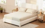 Goldoma queen bed frame with adjustable height headboard and curved cloud boucle upholstery in a modern bedroom setting