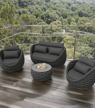 Modern outdoor sofa set with tea table on a villa patio