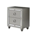 Chloe Gemstone silver mirrored nightstand with ring pulls and two drawers in a bedroom