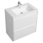 36-inch glossy white vanity cabinet with a single sink basin, featuring sleek contemporary design and chrome hardware,
