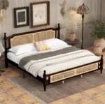 Goldoma king size wooden bed frame with rattan headboard and footboard, central support platform, no box spring needed