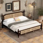 Goldoma king size wooden bed frame with rattan headboard and footboard, central support platform, no box spring needed