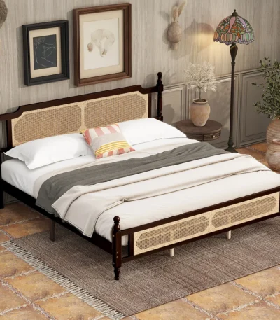 Goldoma king size wooden bed frame with rattan headboard and footboard, central support platform, no box spring needed