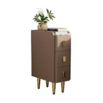 Beige leather narrow nightstand with drawers and stone top, perfect as a small bedside table