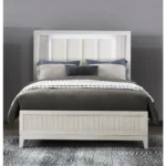 Goldoma modern antique white queen bed with LED headboard, upholstered cushion, and reeded fronts in bedroom setting