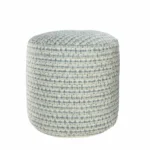 Goldoma 20-inch blue geometric pouf ottoman on a patio, showcasing its round shape and polyester fabric