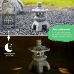 Solar pagoda lantern garden statue with gray stone finish and warm LED glow