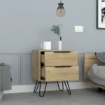 Minimalist two-drawer nightstand in light oak with black hairpin legs, perfect for bedroom storage