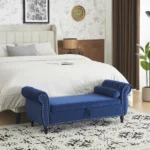 Goldoma navy blue storage ottoman with pillow in modern living room setting
