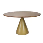 Round pedestal dining table with brown solid wood top and gold iron base, 48 inch, in a dining room setting