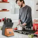15 Pieces Knife Set Damascus Steel Professional Chef Kitchen Knife Set with Wooden Block – styled in a modern Living setting