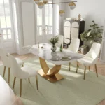 Modern sintered stone marble dining table in a rectangular shape seating six, perfect for a contemporary dining room
