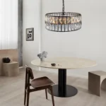 Close-up view of the black crystal chandelier's intricate crystal details and black metal frame, showing the luxurious
