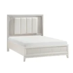 Modern antique white queen bed with LED headboard in a bedroom setting