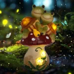 Solar resin turtle statue with mushroom-shaped light, glowing warmly in a garden flowerbed at dusk.
