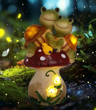 Solar turtle statue glowing in garden at dusk with mushrooms