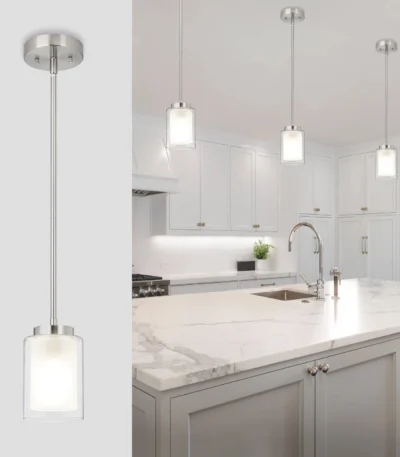 ETL brushed nickel mini pendant light with dual glass shades over a dining table in a modern kitchen.