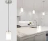 ETL brushed nickel mini pendant light with dual glass shades over a dining table in a modern kitchen.