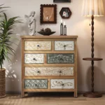 Vintage wooden accent chest with 6 drawers rustic multicolor carved storage dresser for bedroom or living room