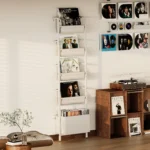 Wall Mounted Kids Bookshelf with Storage Bins 5-Tier Front Facing Ladder Book Ledge White Floating Shelf Space Saving