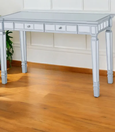 HMS 47" Silver Mirrored Solid Wood Writing Desk with Two Drawers for Office Building Bedroom Study General Use Computer Table