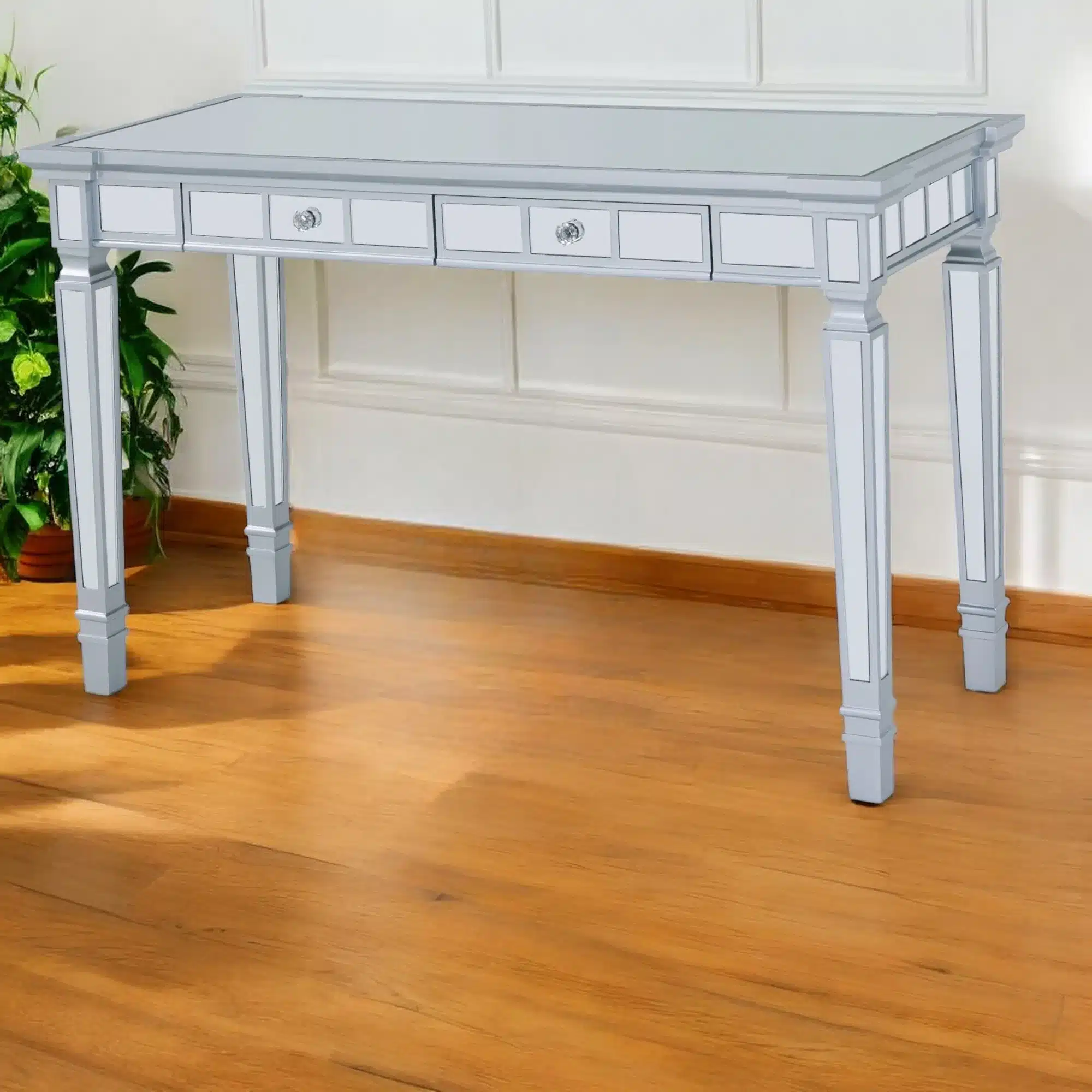 HMS 47" Silver Mirrored Solid Wood Writing Desk with Two Drawers for Office Building Bedroom Study HMS 47" Silver Mirrored Solid Wood Writing Desk with Two Drawers for Office Building Bedroom Study General Use Computer Table