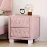 Modern solid wood nightstand with two drawers in a minimalist bedroom setting