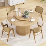 55-inch round dining table with lazy susan and double-tiered storage shelf in walnut finish