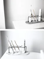 Toothbrush holder with a rotating base and multiple slots in a family bathroom.