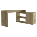 HMS 60" Natural L-Shaped Computer Desk with Three Drawers and Bookshelf Portable Metal Laptop Table for Bedroom or Hotel Use