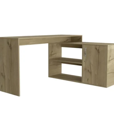 HMS 60" Natural L-Shaped Computer Desk with Three Drawers and Bookshelf Portable Metal Laptop Table for Bedroom or Hotel Use