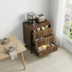 Modern 3-drawer wooden dresser with lacquer finish in walnut color, ideal for bedroom storage
