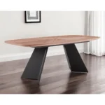 79-inch double pedestal dining table with walnut brown wood top and black steel base in a modern dining room setting