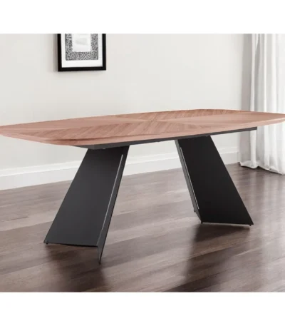 79-inch double pedestal dining table with walnut brown wood top and black steel base in a modern dining room setting