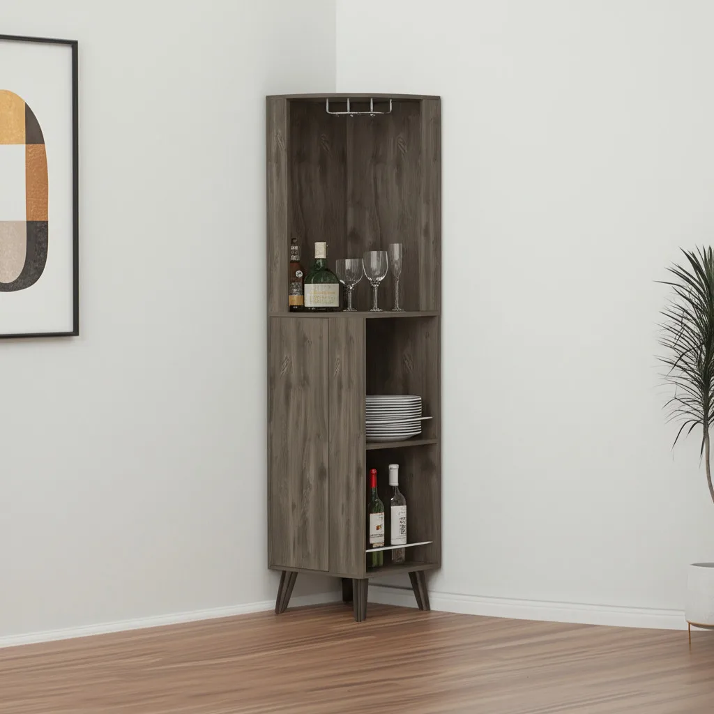 HMS 73 Modern Home Corner Bar Cabinet Dark Brown Wood with One Drawer Stainless Steel and Metal HMS 73 Modern Home Corner Bar Cabinet Dark Brown Wood with One Drawer Stainless Steel and Metal Panel