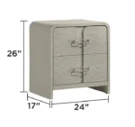Modern 2-drawer nightstand beige with textured metal handles next to bed