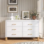 Modern 6-drawer double dresser white with metal handles and solid wood legs in a bedroom setting