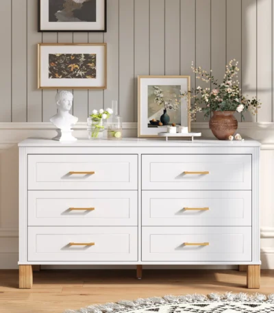 Modern 6-drawer double dresser white with metal handles and solid wood legs in a bedroom setting