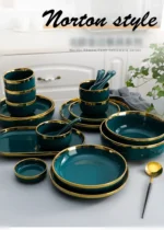 Green With Gold Inlay Quality Plates Full Set Luxury Steak Food Tray Ceramic Dinner Dish Salad Bowl Spoon Porcelain