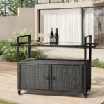 Outdoor Bar Cart Table, Large Wicker Island Rolling Cart, Black – top view