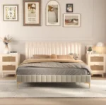Modern bedside nightstand with charging station in white and natural finish, featuring two drawers and solid wooden legs