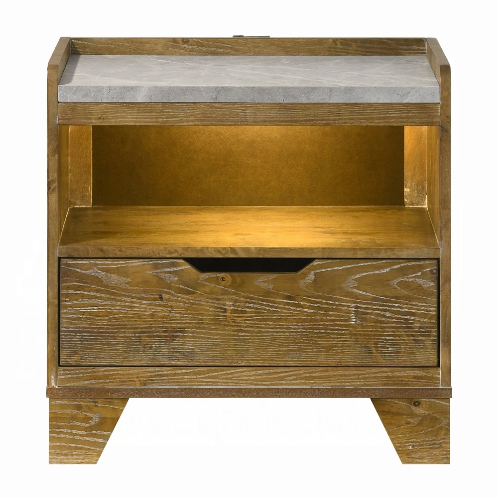 Transitional Brown Nightstand with LED Light and Drawer Shelf - 1-Piece Bedside Cabinet