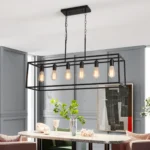 Black pendant light with rectangular silhouette against a white ceiling in a modern kitchen